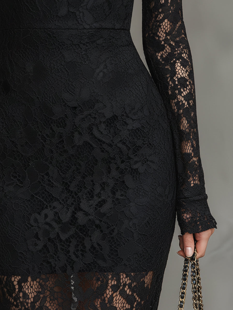 Julia - Elegantes Maxikleid für besondere Abende aus Spitze mit Kragen und Einsätze aus Spitze