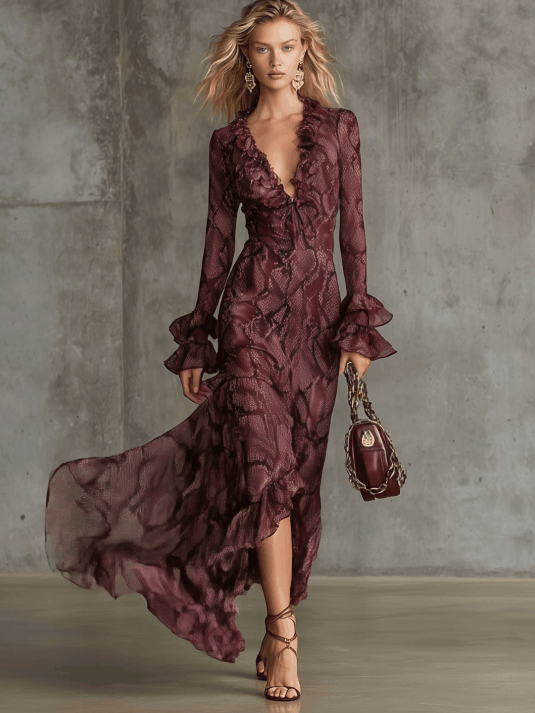 Katrin - Elegantes Maxikleid für den Urlaub aus Chiffon abstrakt mit Volants und V-Ausschnitt