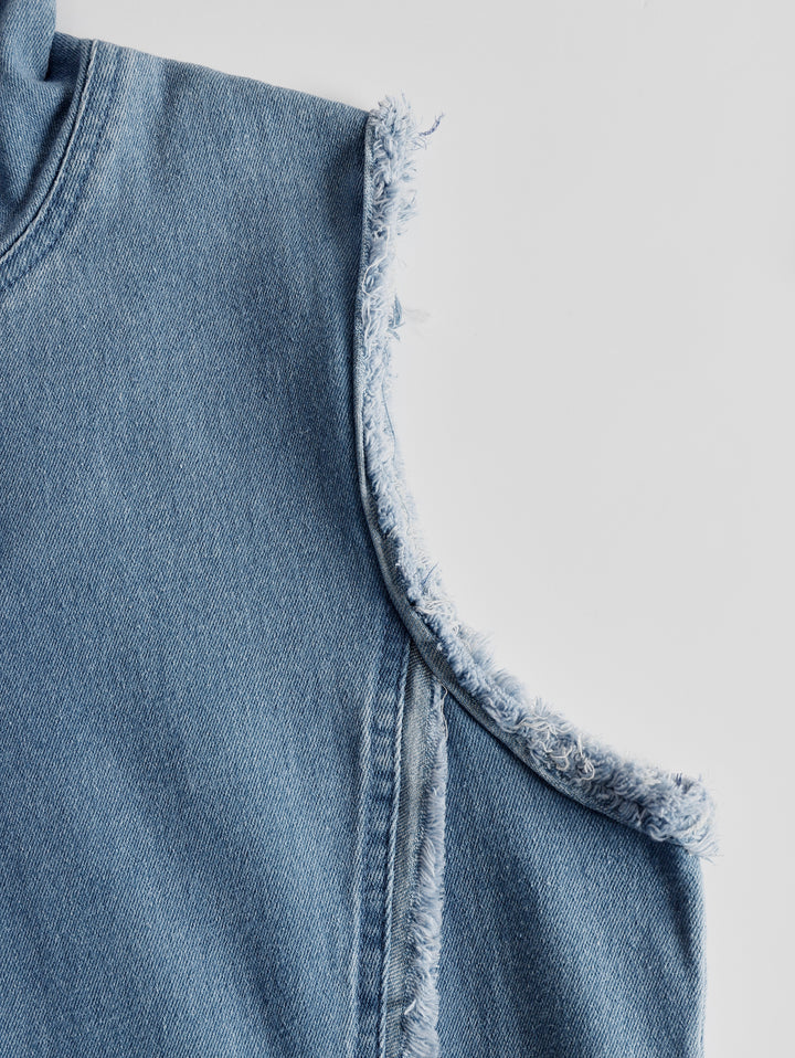 Nadja - Midikleid lässig Retro aus Jeansstoff Farbverlauf mit Reißverschluss und V-Ausschnitt und ärmellosem Schnitt