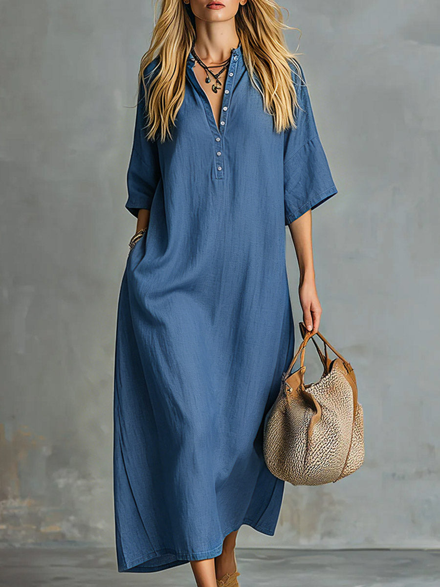 Marlena - Maxikleid Retro für den Alltag aus Jeansstoff mit V-Ausschnitt