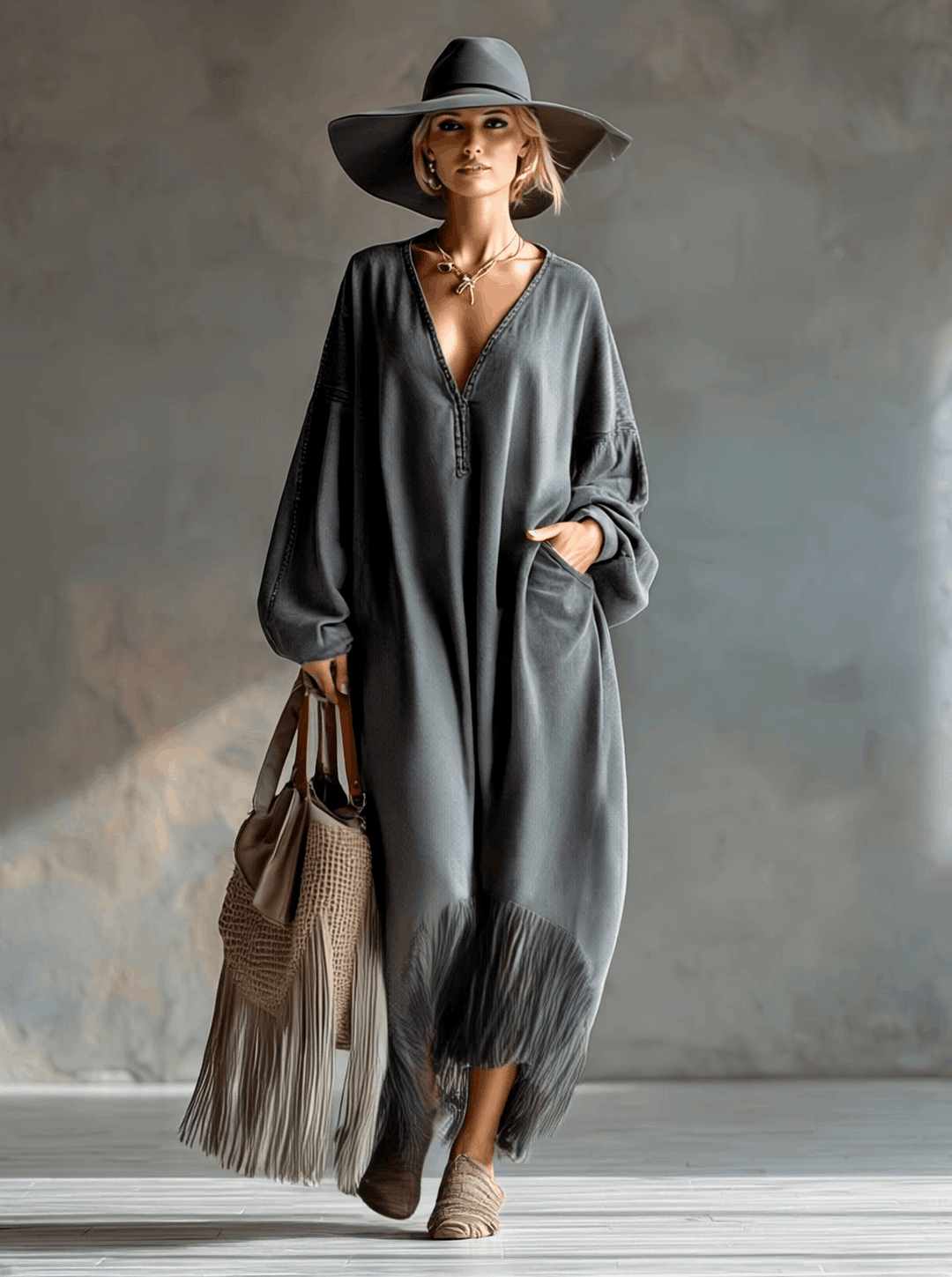 Noemi - Elegantes Maxikleid Western aus Jeansstoff mit Fransen und V-Ausschnitt