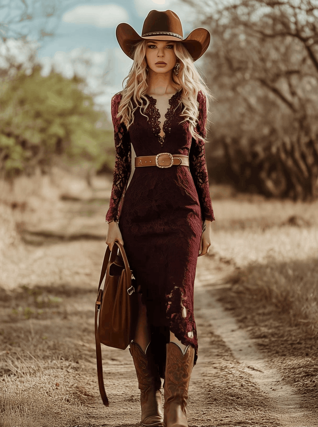 Telse - Midikleid Western im Retro-Stil aus Spitze mit V-Ausschnitt und Einsätze aus Spitze