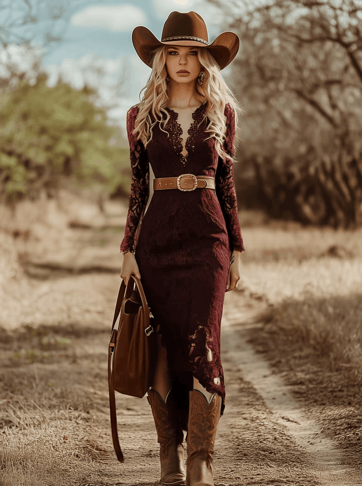 Telse - Midikleid Western im Retro-Stil aus Spitze mit V-Ausschnitt und Einsätze aus Spitze