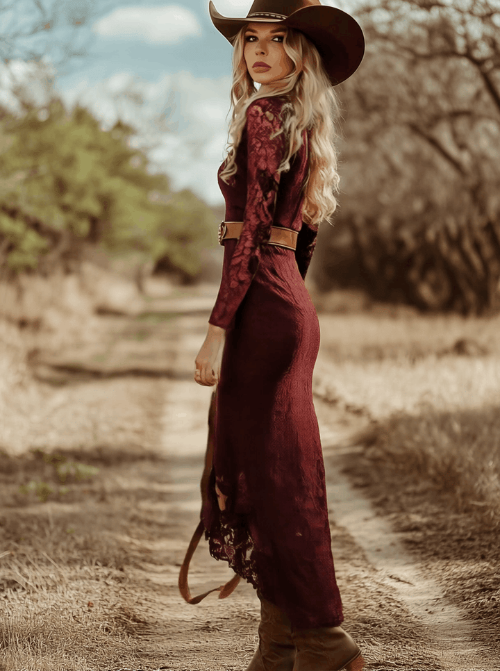 Telse - Midikleid Western im Retro-Stil aus Spitze mit V-Ausschnitt und Einsätze aus Spitze