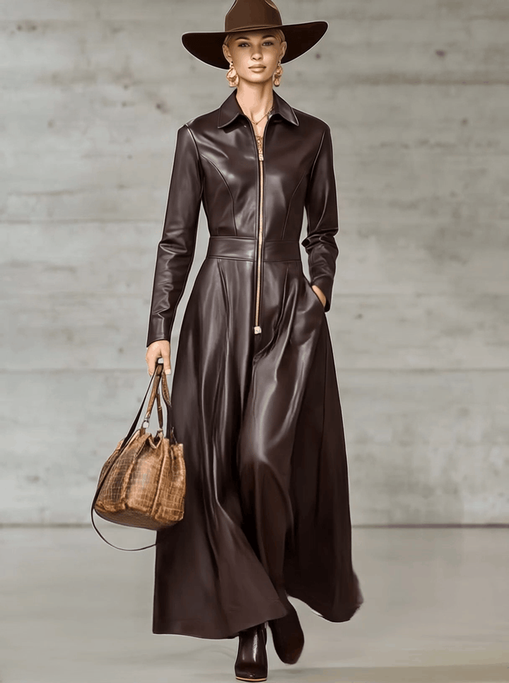 Hanni - Maxikleid Western für den Urlaub aus Kunstleder mit Reißverschluss und V-Ausschnitt