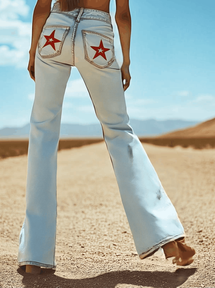 Valerie - Hose Western im Retro-Stil aus Jeansstoff mit Sternen und Taschen und Stickerei