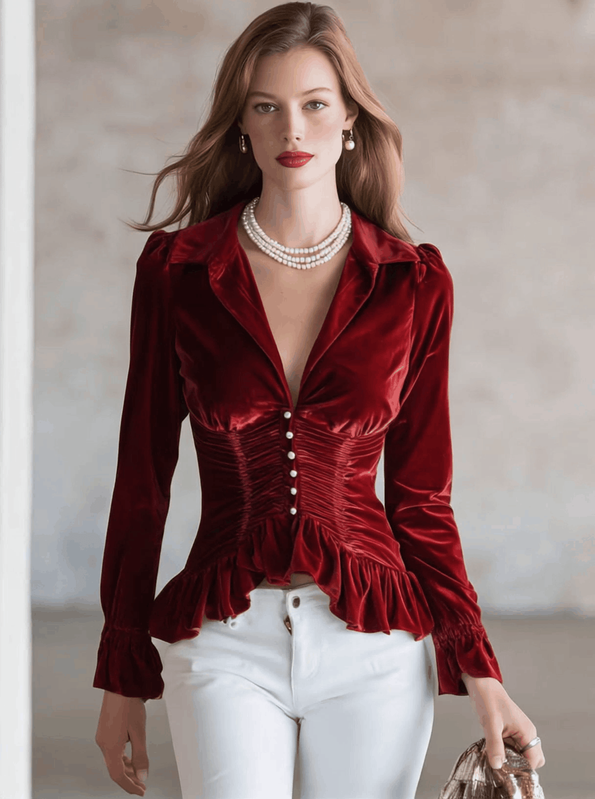 Angelika - Bluse Western im Retro-Stil aus Samt mit Volants und V-Ausschnitt plissiert