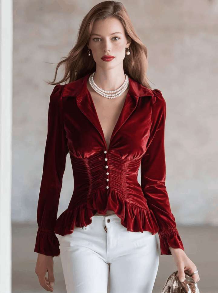 Angelika - Bluse Western im Retro-Stil aus Samt mit Volants und V-Ausschnitt plissiert