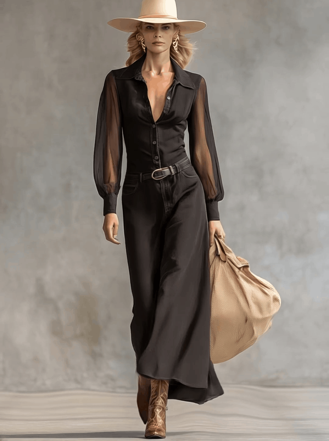 Maura - Maxikleid Western im Retro-Stil aus Jeansstoff mit V-Ausschnitt und Knöpfen