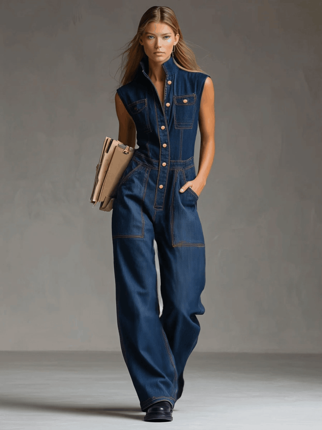 Vroni - Overall lässig Retro aus Jeansstoff mit Kragen und Taschen ärmellos