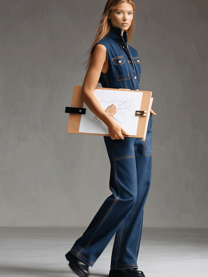 Vroni - Overall lässig Retro aus Jeansstoff mit Kragen und Taschen ärmellos