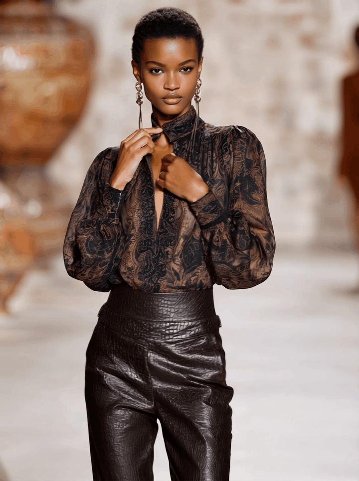 Ria - Bluse Western im Retro-Stil aus Chiffon abstrakt mit V-Ausschnitt