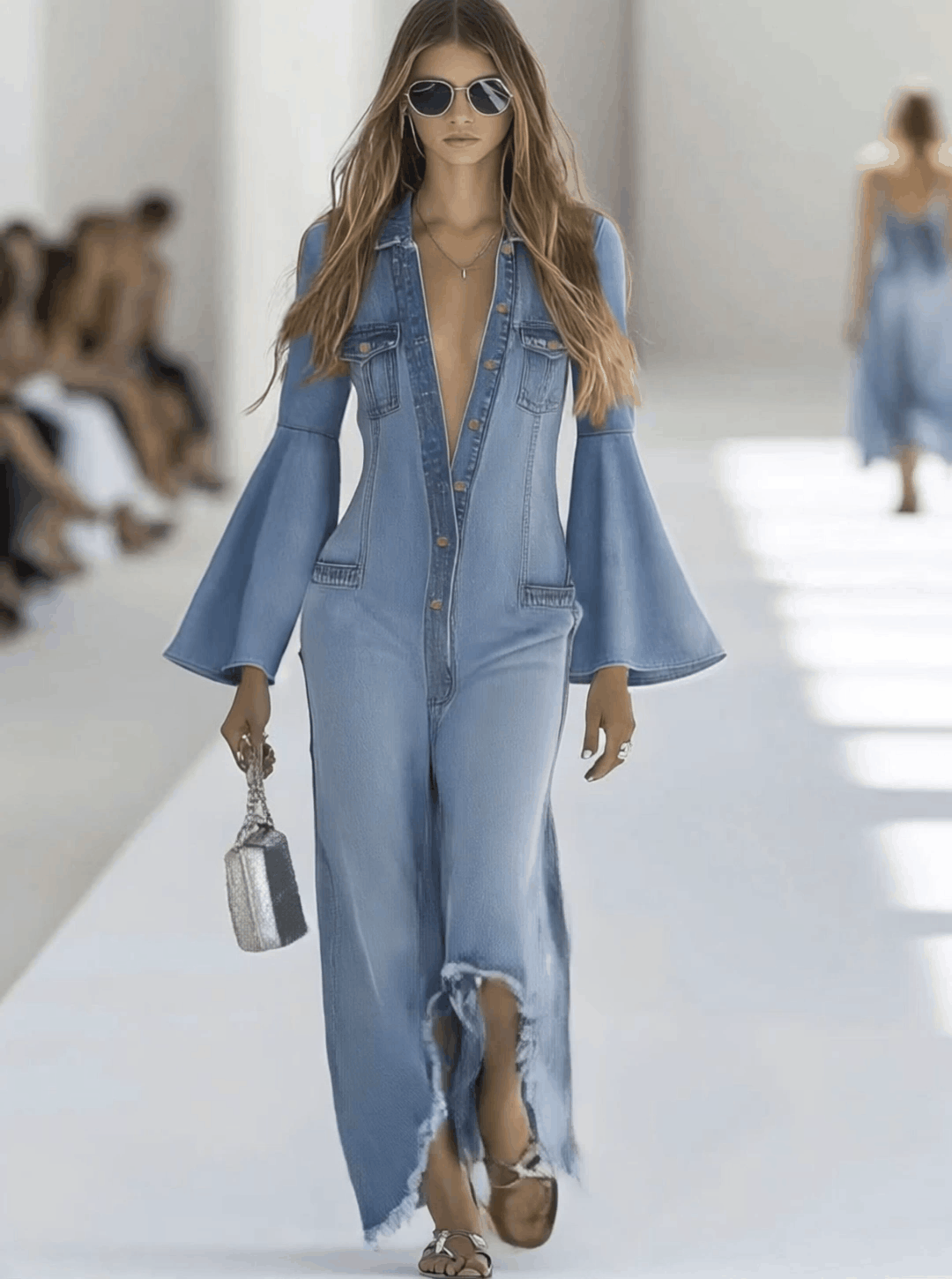 Annemarie - Overall lässig Retro aus Jeansstoff mit V-Ausschnitt und offener Kante