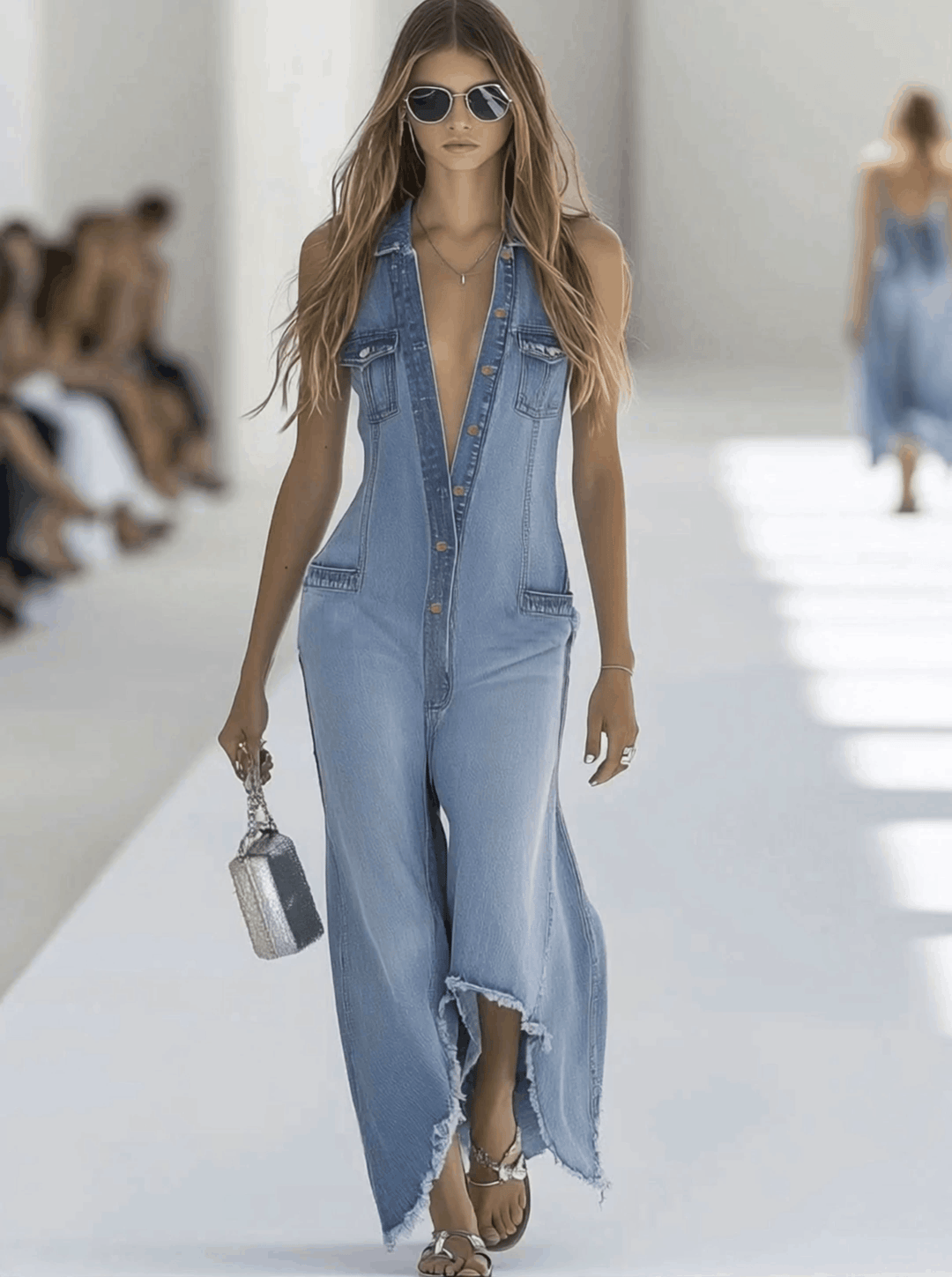 Minna - Overall Western im Retro-Stil aus Jeansstoff mit Reißverschluss und V-Ausschnitt und ärmellosem Schnitt