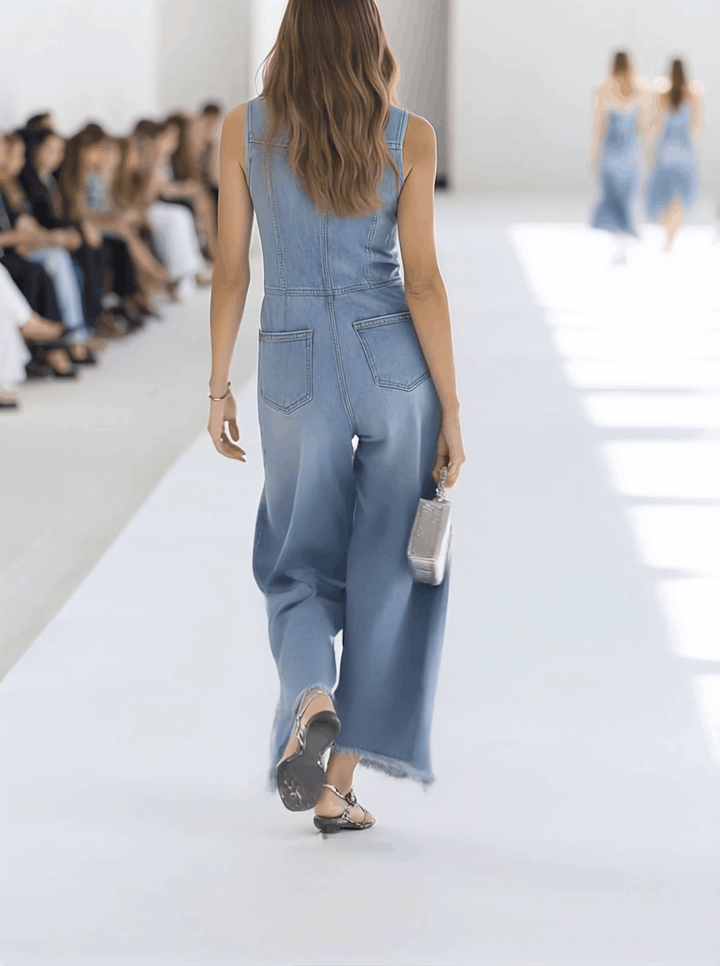Minna - Overall Western im Retro-Stil aus Jeansstoff mit Reißverschluss und V-Ausschnitt und ärmellosem Schnitt