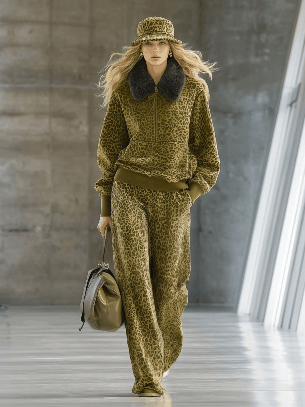 Liya - Sportliches Hosen-Ensemble aus Samt Leopardenmuster mit Kragen und V-Ausschnitt