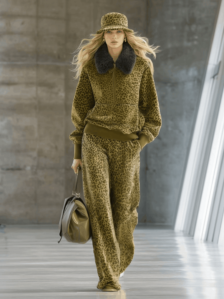 Liya - Sportliches Hosen-Ensemble aus Samt Leopardenmuster mit Kragen und V-Ausschnitt