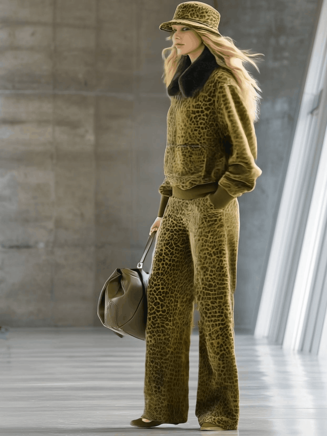 Liya - Sportliches Hosen-Ensemble aus Samt Leopardenmuster mit Kragen und V-Ausschnitt