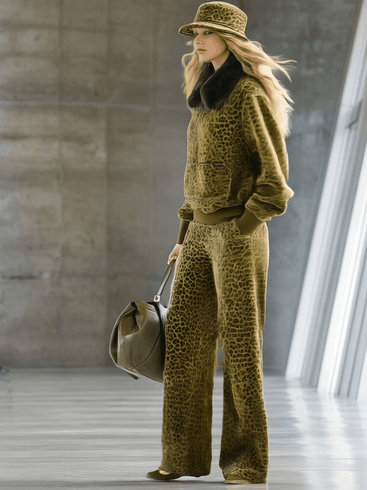 Liya - Sportliches Hosen-Ensemble aus Samt Leopardenmuster mit Kragen und V-Ausschnitt