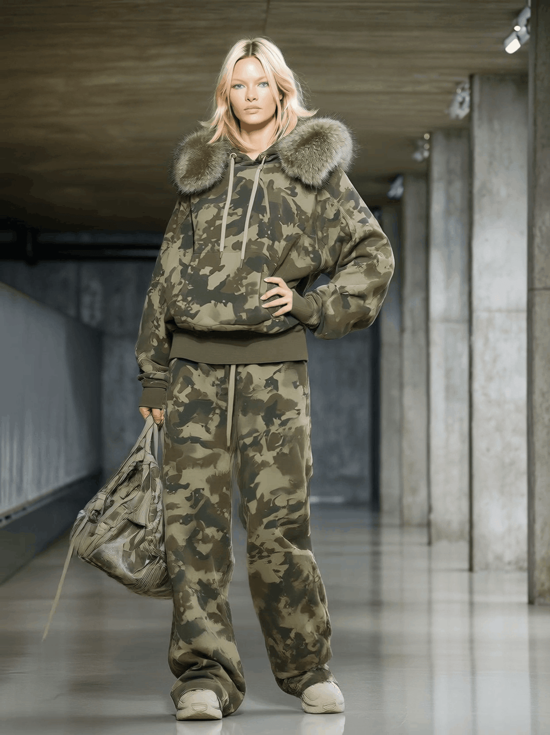 Laila - Lässiges Hosen-Ensemble sportlich aus technischem Gewebe Camouflage mit Kragen und V-Ausschnitt
