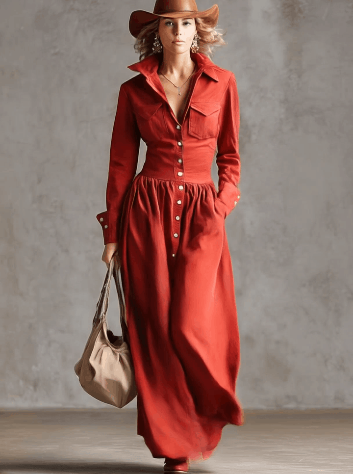 Malea - Maxikleid Western im Retro-Stil aus Leinen mit Kragen und Knöpfen