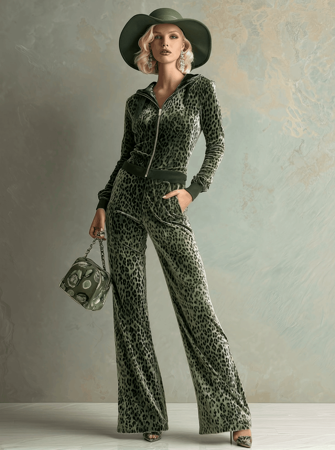 Liya - Overall elegant im Retro-Stil aus Samt Leopardenmuster mit Reißverschluss und Kapuze