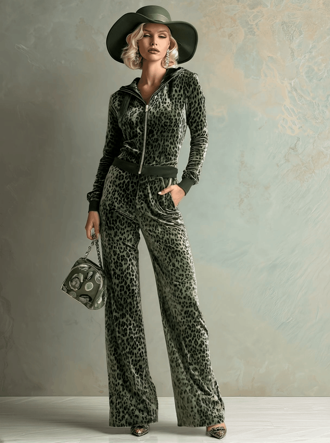 Liya - Overall elegant im Retro-Stil aus Samt Leopardenmuster mit Reißverschluss und Kapuze