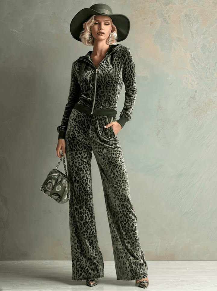 Liya - Overall elegant im Retro-Stil aus Samt Leopardenmuster mit Reißverschluss und Kapuze