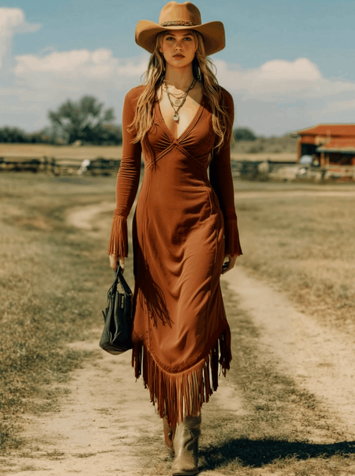 Frida - Midikleid Western im Retro-Stil aus Leinen mit Fransen und V-Ausschnitt