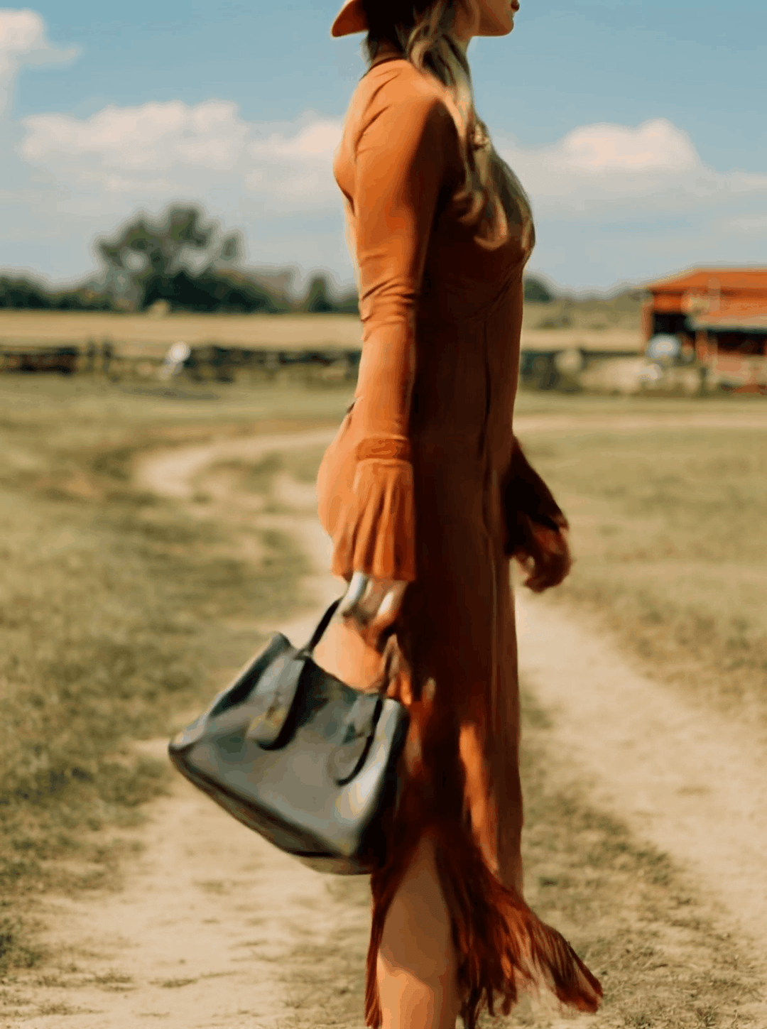 Frida - Midikleid Western im Retro-Stil aus Leinen mit Fransen und V-Ausschnitt