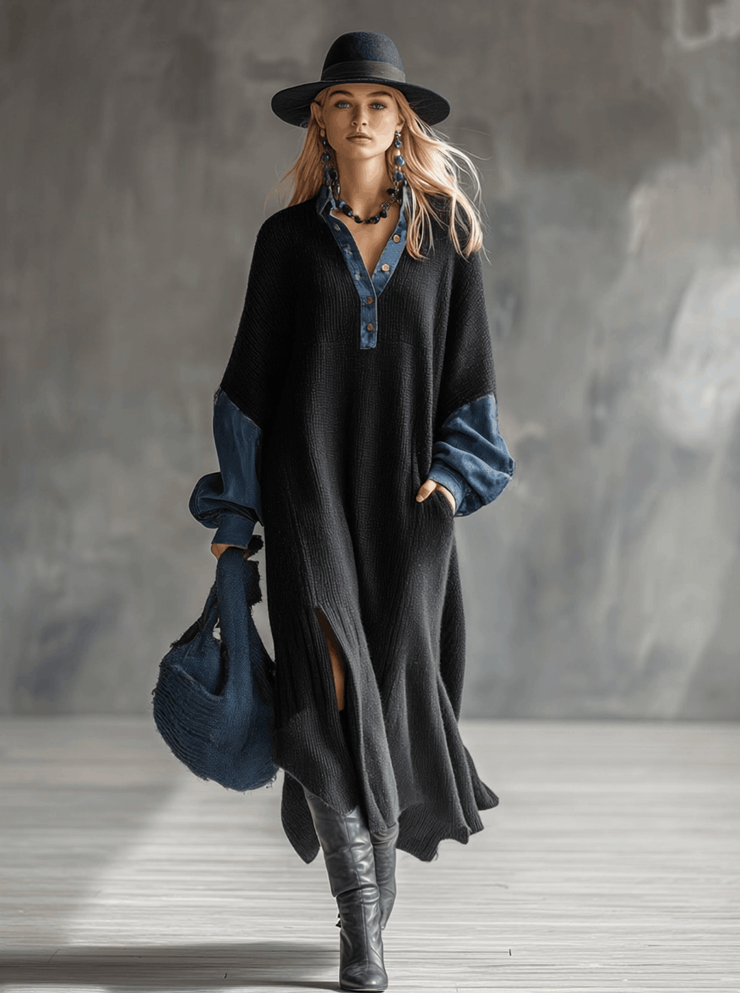 Margot - Maxikleid lässig aus Jeansstoff im Farbblock-Design mit V-Ausschnitt
