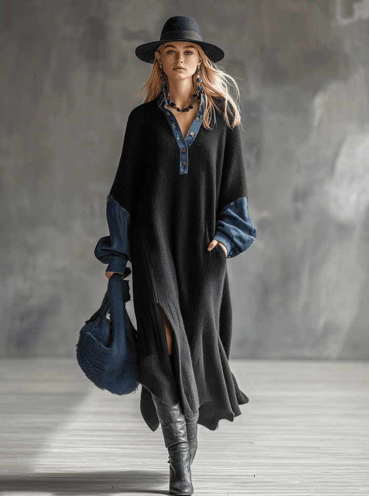 Margot - Maxikleid lässig aus Jeansstoff im Farbblock-Design mit V-Ausschnitt