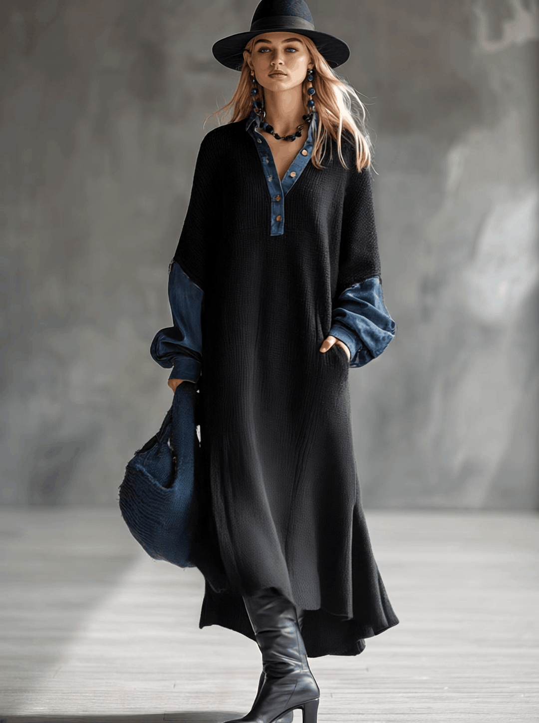 Margot - Maxikleid lässig aus Jeansstoff im Farbblock-Design mit V-Ausschnitt