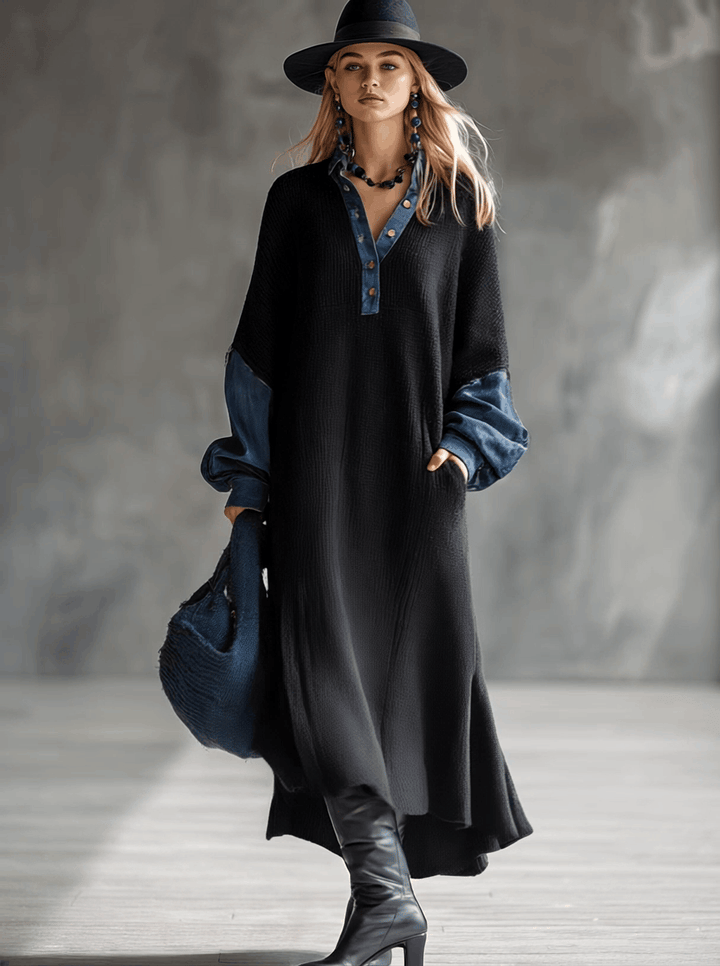 Margot - Maxikleid lässig aus Jeansstoff im Farbblock-Design mit V-Ausschnitt