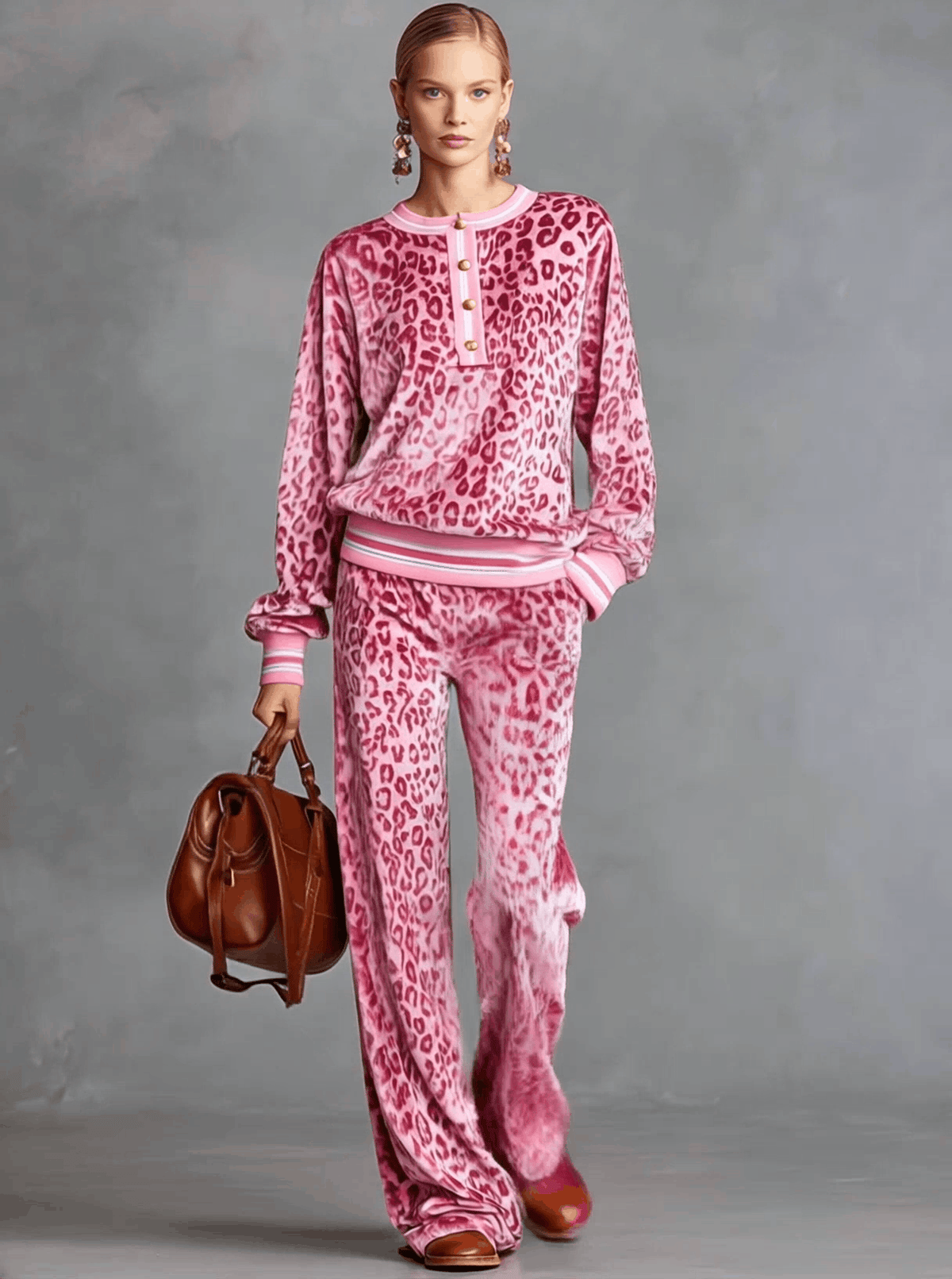 Fenna - Lässiges Hosen-Ensemble Retro aus Samt Leopardenmuster