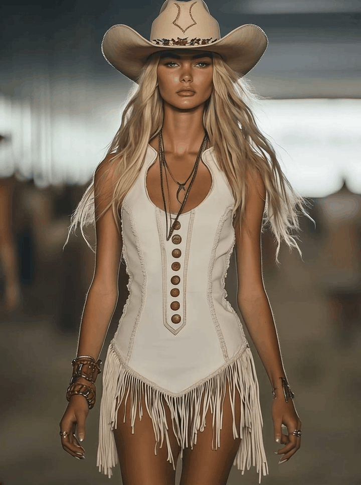 Rosalie - Elegantes Minikleid Western aus Kunstwildleder mit Fransen ärmellos