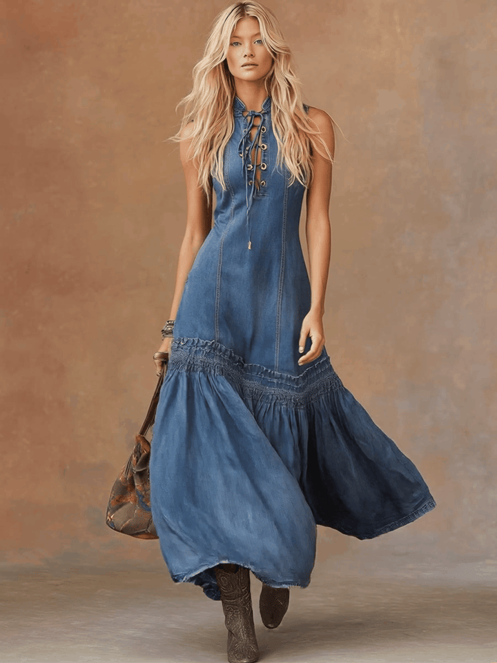 Elli - Elegantes Maxikleid Retro aus Jeansstoff ärmellos