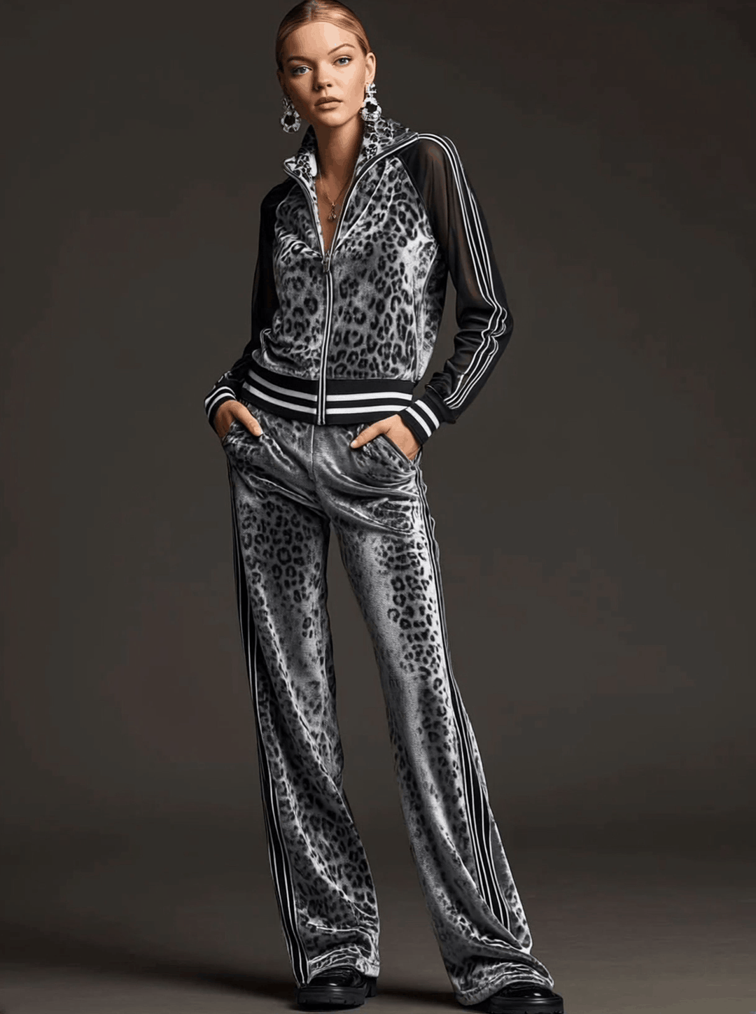 Smilla - Sportliches Hosen-Ensemble im Retro-Stil aus Samt Leopardenmuster mit V-Ausschnitt und Einsätze durchbrochene Details