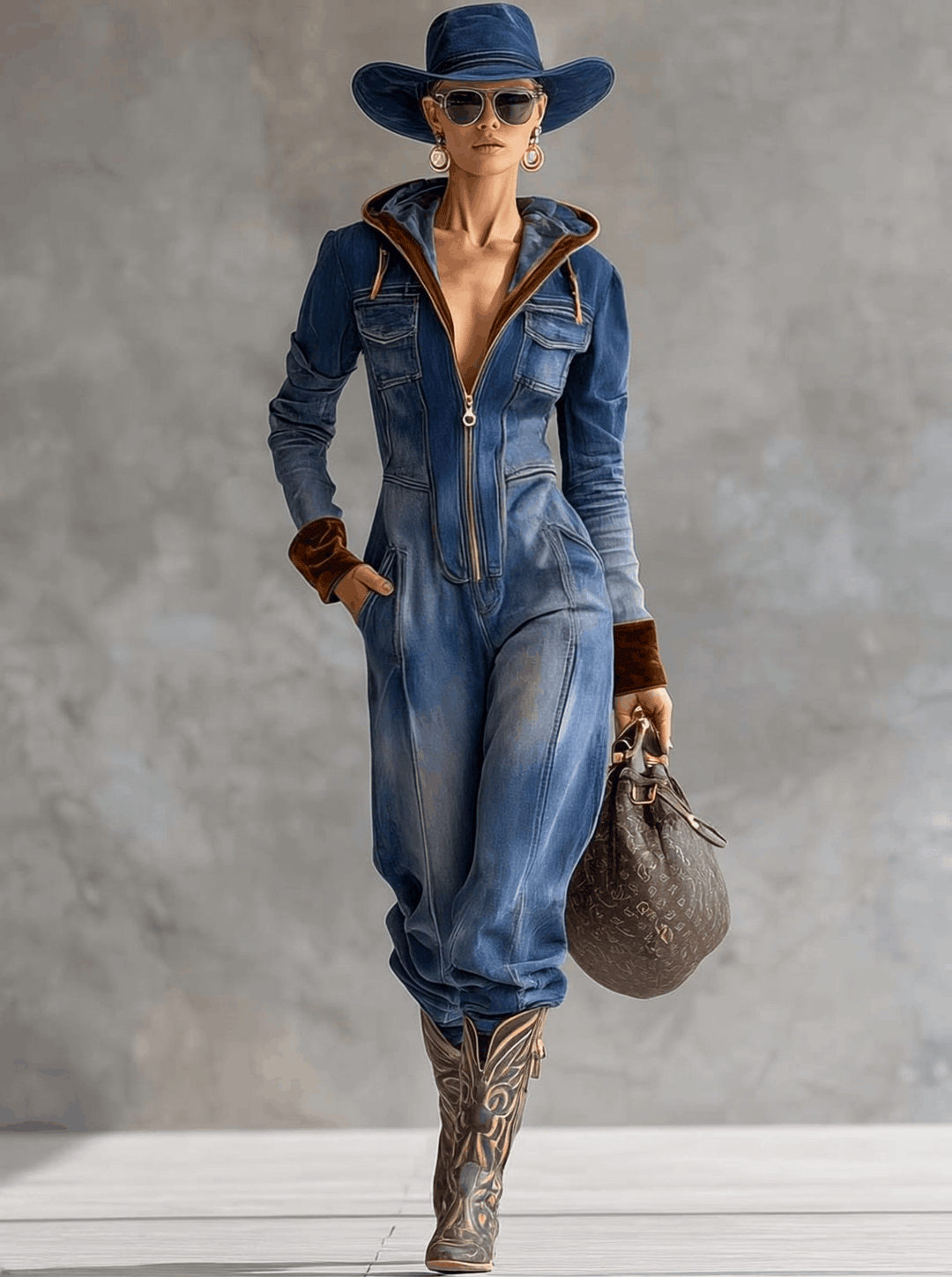Sofia - Overall lässig Retro aus Jeansstoff im Farbblock-Design mit Reißverschluss und V-Ausschnitt