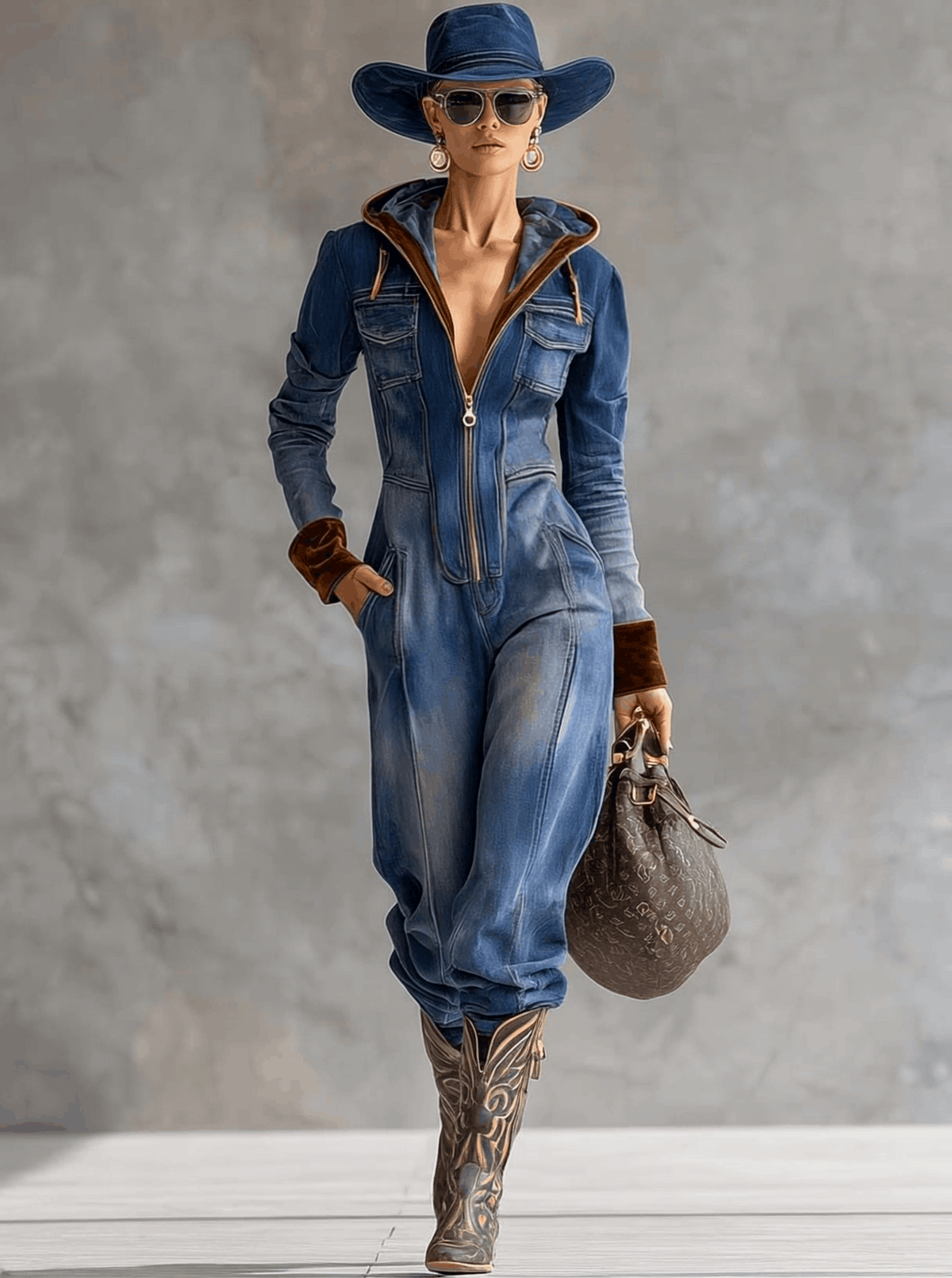 Sofia - Overall lässig Retro aus Jeansstoff im Farbblock-Design mit Reißverschluss und V-Ausschnitt