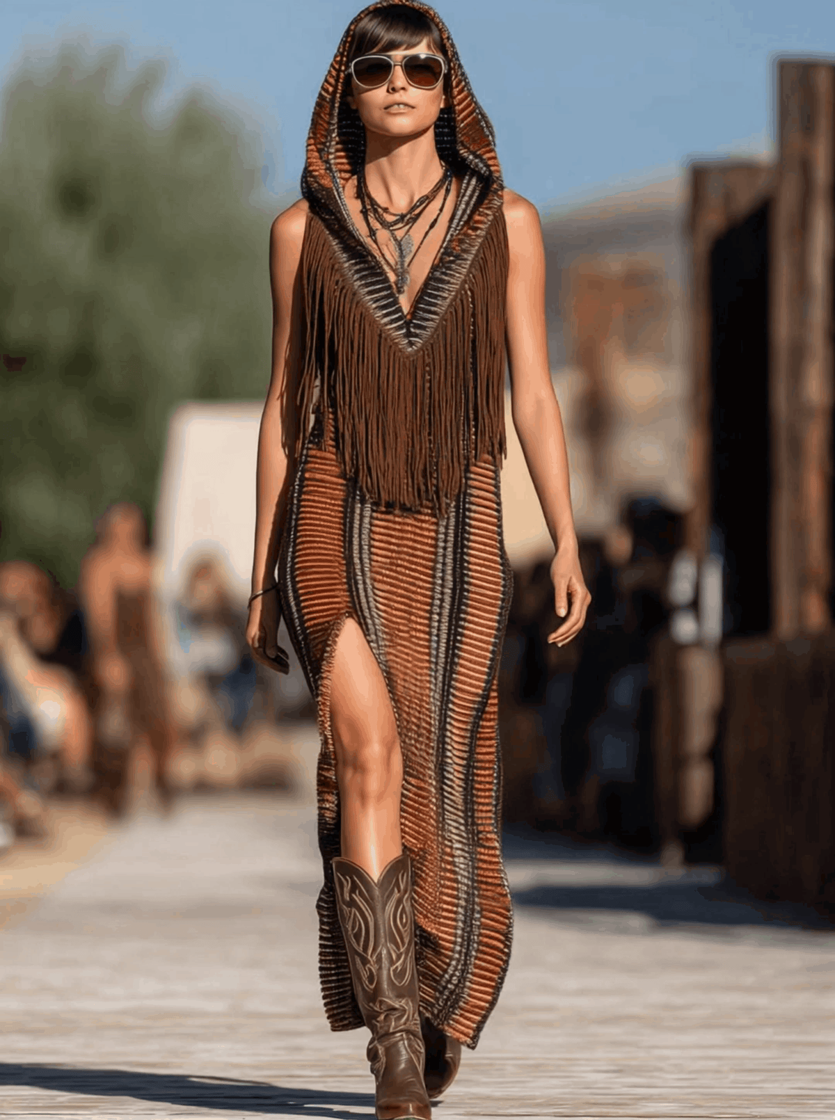 Selma - Maxikleid Western im Retro-Stil aus Strick gestreift mit Fransen und V-Ausschnitt und ärmellosem Schnitt