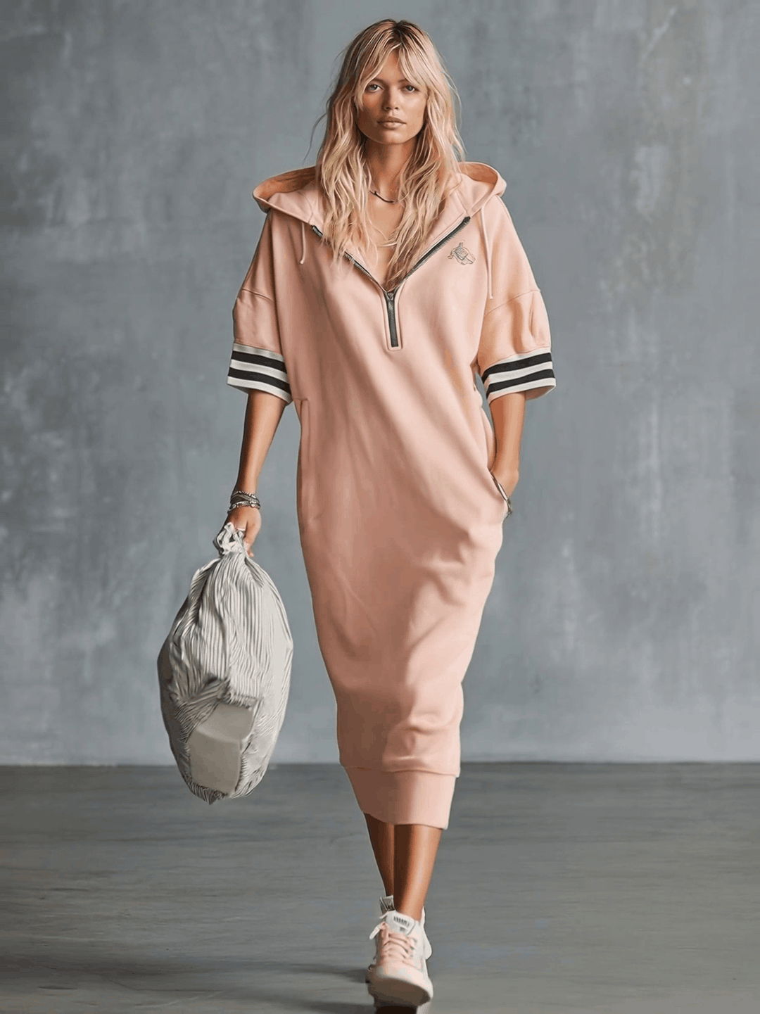 Jolanda - Midikleid lässig sportlich aus technischem Gewebe gestreift mit Reißverschluss und Kapuze