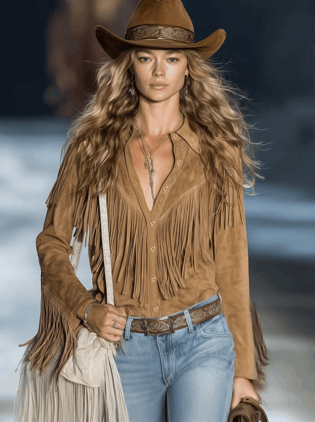Solveig - Bluse lässig Retro aus Kunstwildleder mit Fransen und V-Ausschnitt