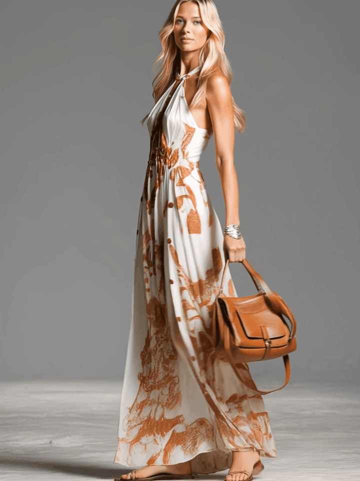 Maike - Maxikleid Western im Retro-Stil aus Chiffon abstrakt mit Schlitz und schulterfrei und ärmellos