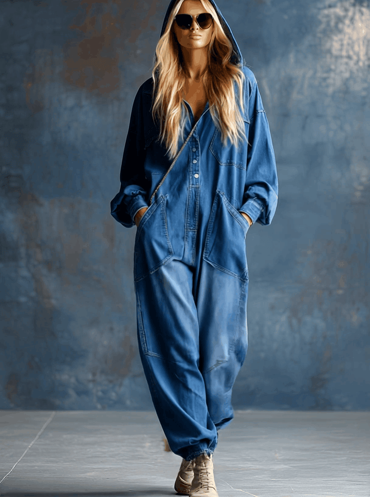 Petra - Overall lässig Retro aus Jeansstoff mit V-Ausschnitt und Kapuze