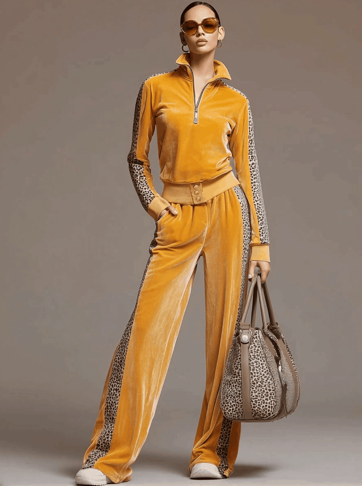 Nieke - Lässiges Hosen-Ensemble Retro aus Samt Leopardenmuster mit Kragen