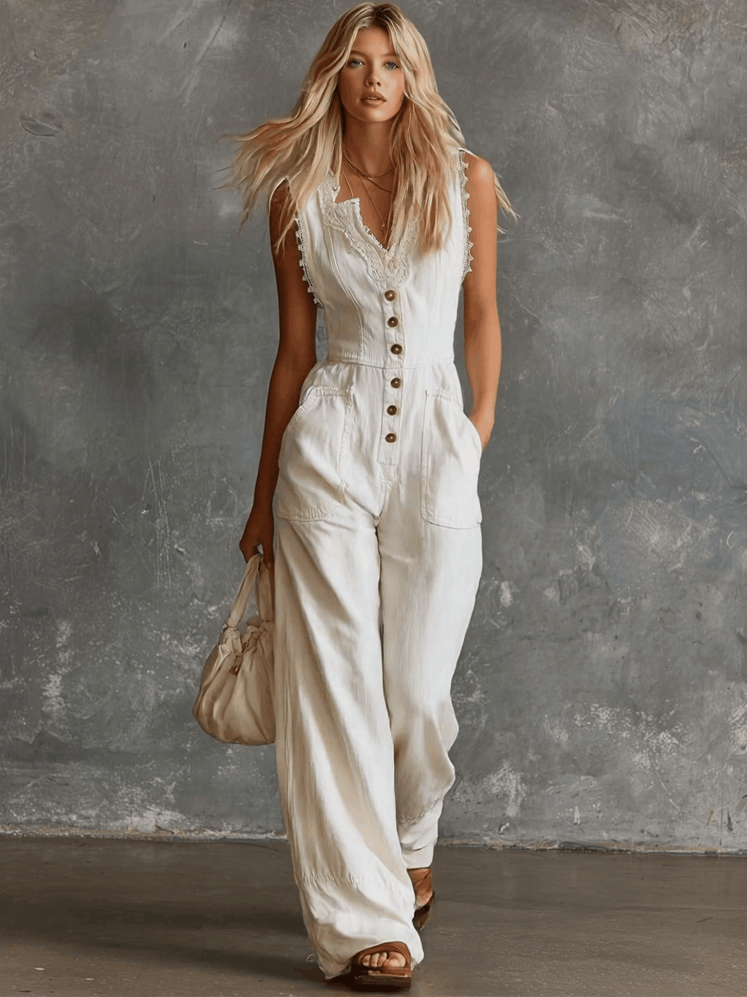 Mayla - Overall elegant im Retro-Stil aus Leinen mit V-Ausschnitt und Knöpfen ärmellos