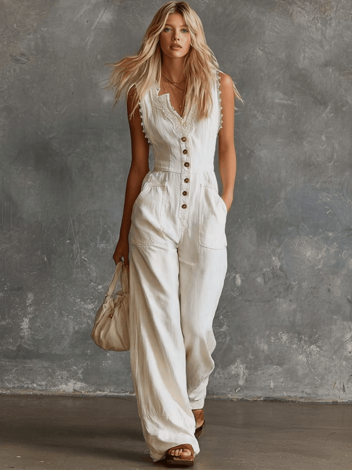 Mayla - Overall elegant im Retro-Stil aus Leinen mit V-Ausschnitt und Knöpfen ärmellos