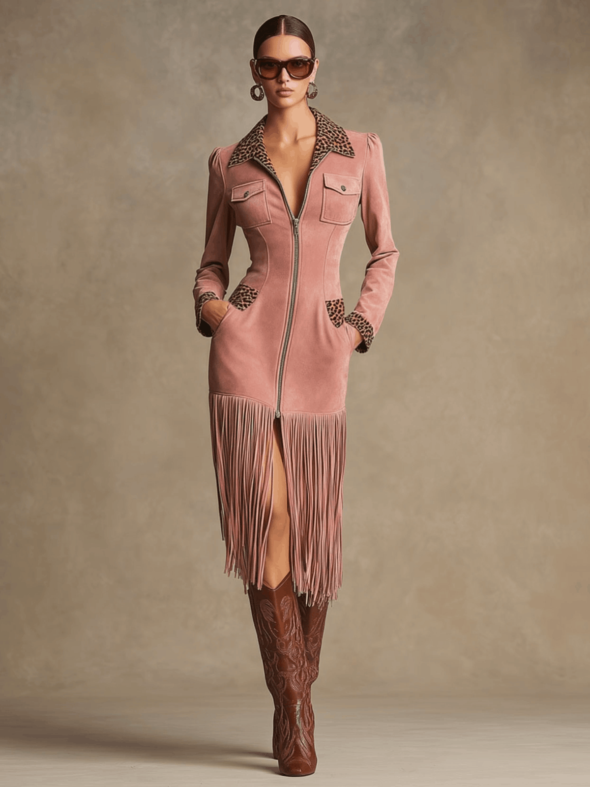 Cäcilia - Midikleid Western im Retro-Stil aus Kunstwildleder Leopardenmuster mit Reißverschluss und Fransen