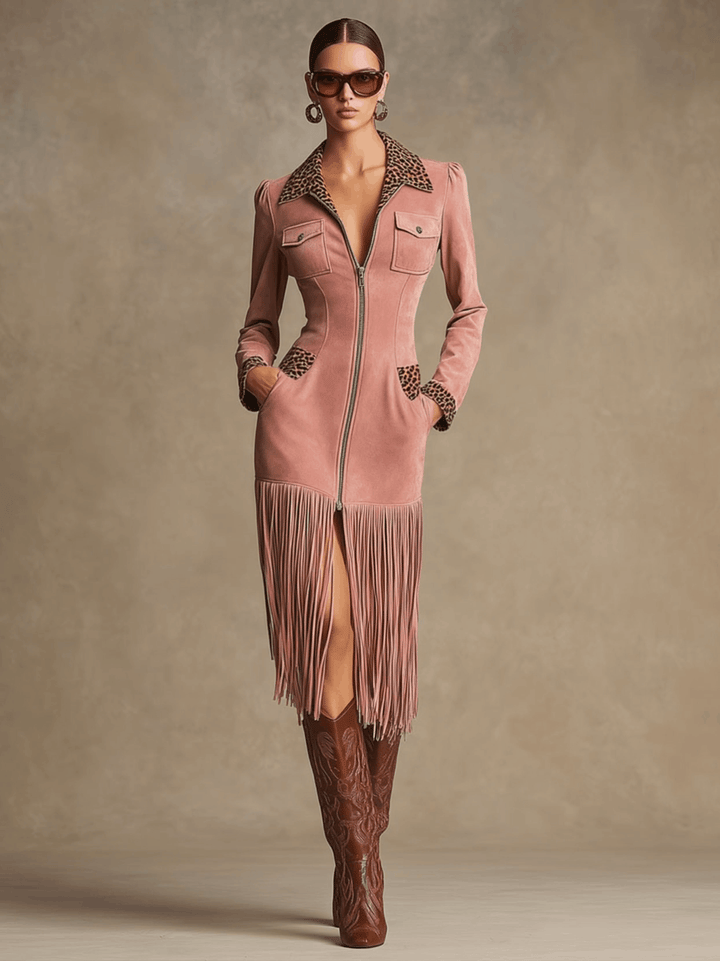 Cäcilia - Midikleid Western im Retro-Stil aus Kunstwildleder Leopardenmuster mit Reißverschluss und Fransen